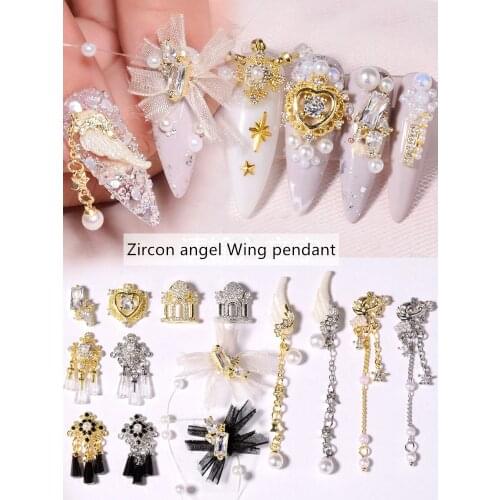 Latest 10 pieces alloy Zircon Nail art decoration luxury zircon rhinestone tassel / heart / wing nail jewelry high end long nail