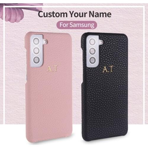 Solid Color Luxury Leather Custom Initial Name Phone Case For Samsung Galaxy A70 A7 2018 A50 S8 S9 S10 S21 Personalization Cover