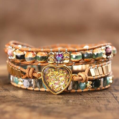 Opal Heart Love Togeter Bracelets Handmade Couple Leather Beaded Triple Stones Bangles