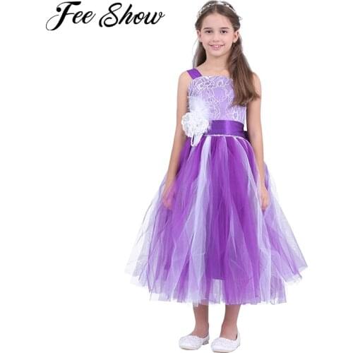 2-14 Years Kids Girls Wedding Flower Girl Dress Princess Pageant Party Formal Dress Crossed Back Sleeveless Lace Tulle Dress