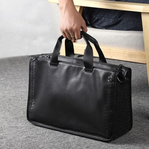 Fashion Men Business Travel Handbags Male Genuine Leather Messenger Bags Mens Leather Weaving Shoulder Bag for Men Laptop Bags