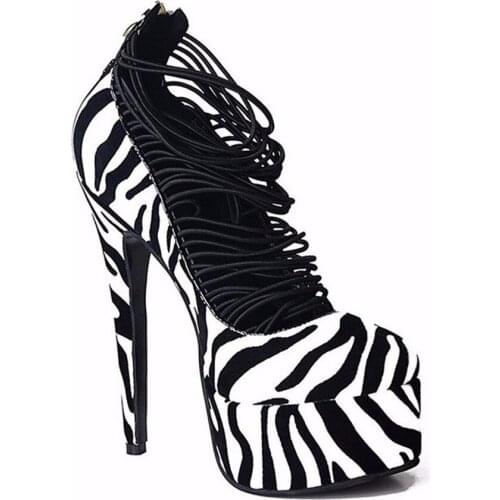 Pumps High Heels Thin Heels Platform Shoes Woman Genuine Leather Sandalias Mujer Sexy Ladies Shoe Zebra Pattern Lace Up Shoes