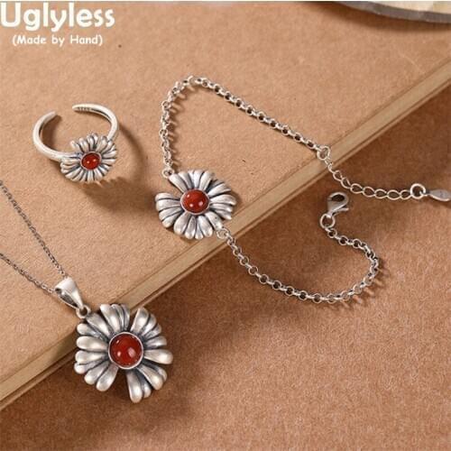 Uglyless Thai Silver Handmade Daisy Flowers Jewelry Sets for Women Real 925 Silver Floral Rings Earrings Set Agate Studs Brincos