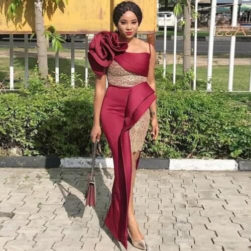 African Burgundy Mermaid Evening Dresses One Shoulder Handmade Flowers Plus Size High Low Women Prom Party Gowns