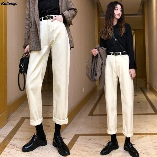 2021 Spring And Autumn Apricot Jeans Womens Autumn And Winter Loose High Waist Beige Daddy Carrot Pants Casual Straight Pants