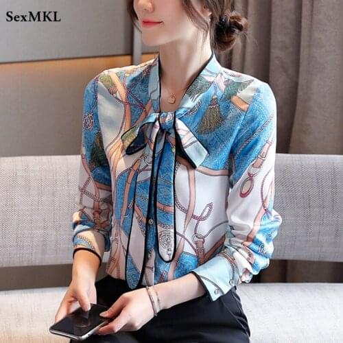 Women Office Chiffon Blouses 2021 Fashion Autumn Printed Long Sleeve Top Women Korean Clothes Elegant Bow Neck Y2k Blusas Shirts