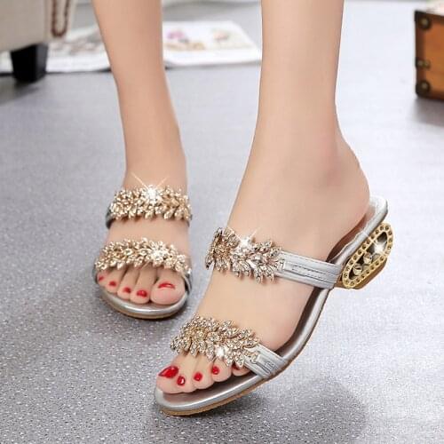 2020 Women Sandals Crystal Square Mid Heel Platform Fashion Peep Female Dress Shiny Ladies Shoes Beach Party Zapatos De Mujer