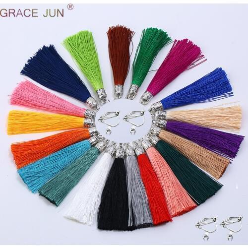 GRACE JUN Vintage Bohemia Ethnic Long Tassel Clip on Earrings Without Pierced for Women Party Cuff Earrings Ear Clip 19 Colors