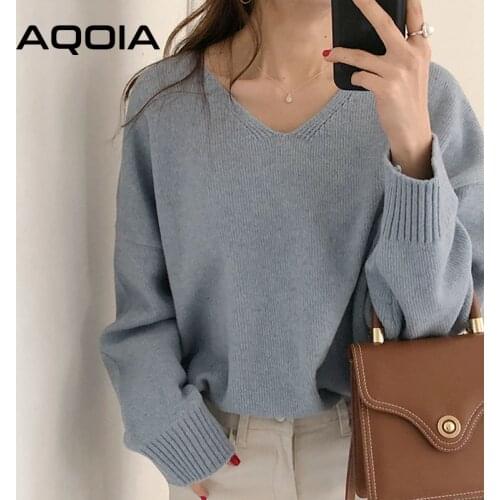 Autumn winter Korean Style Solid Color Women Knitted Sweaters 2020 INS Fashion V Neck Long Sleeve Loose irregular Female Sweater