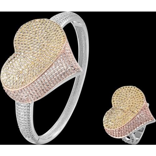 Zlxgirl jewelry high quality love heart bangle with ring wedding jewelry sets perfect mixed plated mirco pave zircon bangle anel