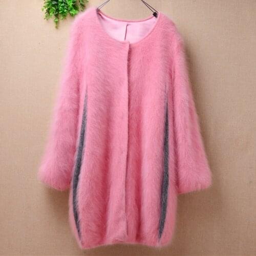 Ladies women Korean fashion sweet pink hairy fuzzy mink cashmere knitted long sleeves loose cardigans angora fur jacket coat