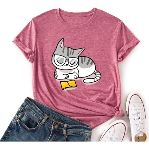 Women Crew Neck Short Sleeve Casual Summer T-shirts Reading Cat Graphic Tee Shirts Tops Female Clothes Streetwear Shirts
