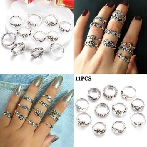 11pcs/Set Bohemia Antique Arrow Leaf Carved Rings Sets Rhinestone Flowers Jewelry For Women Knuckle Rings Men Silver Color A0Q4