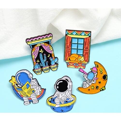 Astronaut Brooches Universe Adventure Space Moon Stars Starry sky Cat Cactus Enamel Pins Brooch LapelBadge Jewelry Gift for Kids