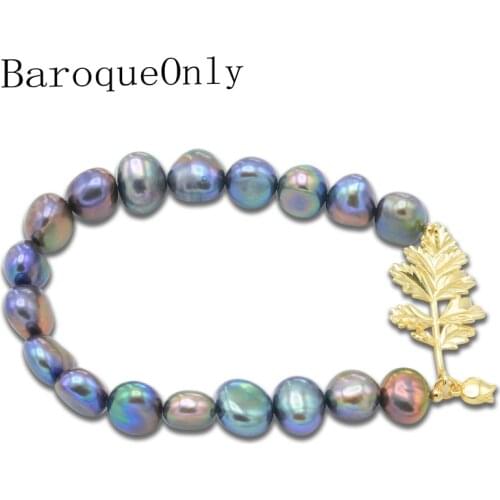 BaroqueOnly High Quality Natural Freshwater Pearl Bracelets golden leaf mixed-colour irregular Pearl Jewelry customizable