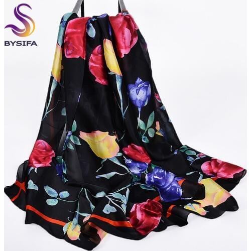 [BYSIFA] New Black Red Roses Silk Scarf Shawl Wrap Women Autumn Winter Long Scarves 180*90CM Brand Accessories Female Scarf Cape