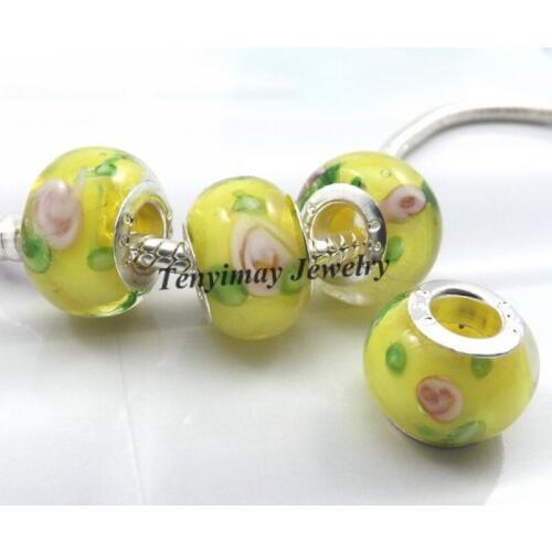 Flower Design European Charm Beads Silver Tone Glass Beads For Snake Chain Bracelet LB820