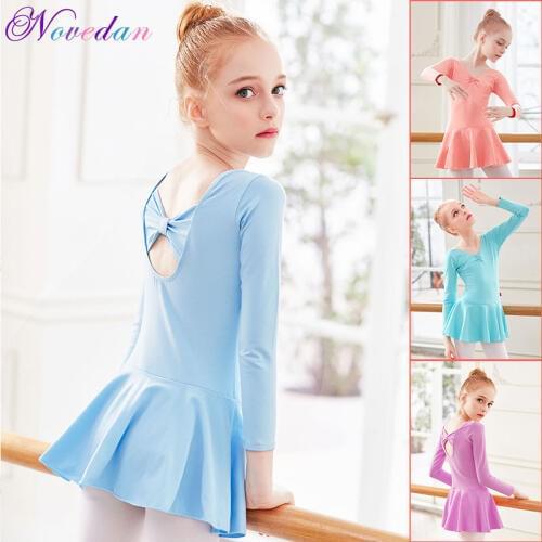 Girls Ballet Costumes Gymnastics Leotard Long Sleeve Skirted Bow Cotton Ballerina Dress Leotard Dance Wear