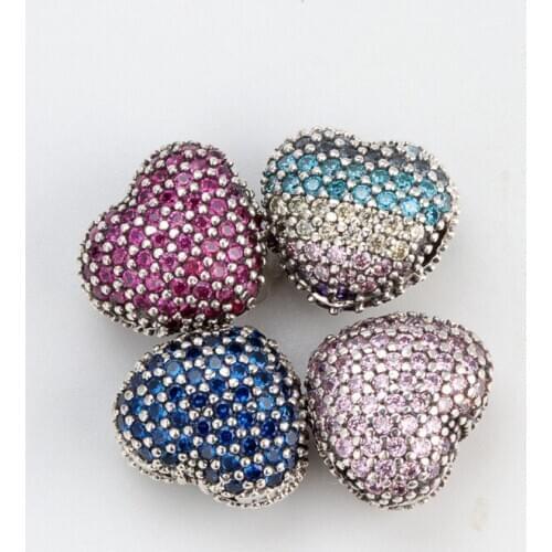 S925 sterling silver colorful heart-shaped full Zircon fixing clip Beads fit original Charm Bracelet Jewelry