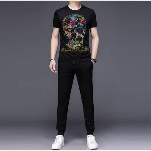 Mens Custom Diamond Round Neck T-Shirt Set Slim Pants Comfortable Summer Two-Piece Anti-Wrinkle Black Bodybuilding