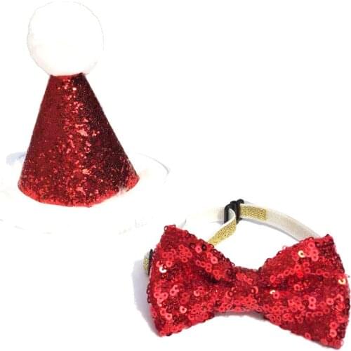 Pet Dog Cat Birthday Party Hat Bowknot Crown Cute Bow Tie Headwear Red Sequin Design Accessories Christmas Santa Cap