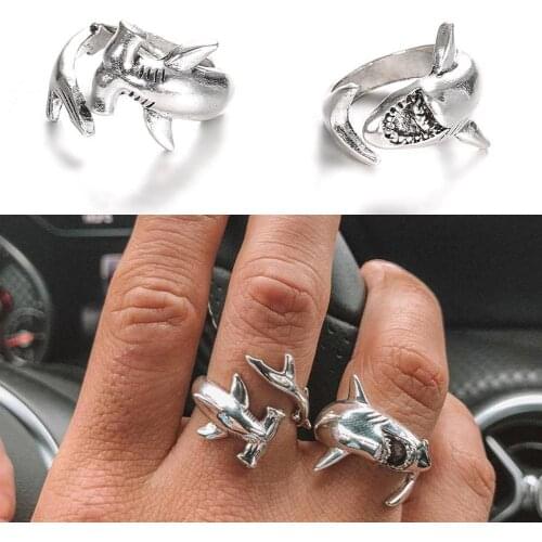 2pcs/set Adjustable Finger Rings Vintage Simple Punk Shark Animal Set Retro Great White Shark Opening Jewelry Accessories