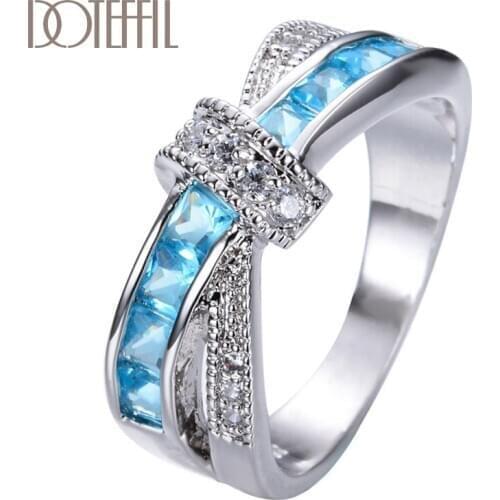 DOTEFFIL 925 Sterling Silver AAA Zircon Sky Blue/Red/Pink Six Colors Crystal Ring For Women Fashion Wedding Party Charm Jewelry