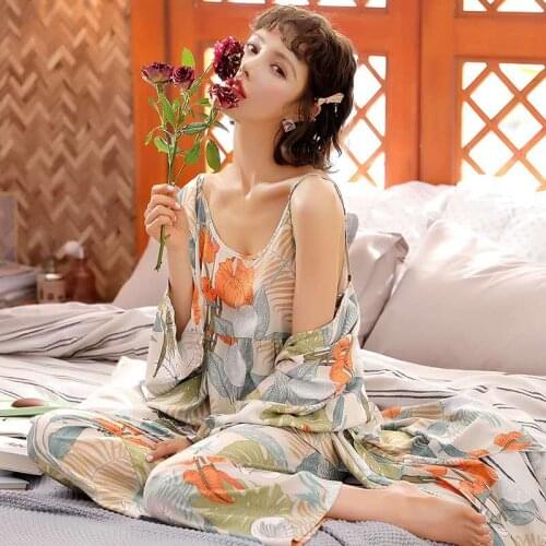Spring Summer Sexy Pajamas Set Women Sling Deep Cotton Girl Homewear Bathrobe 3PCS Women Pajama Sets Long Pant Set Robe Women