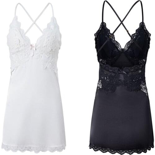 Top Grade Lace See-through Hollow Out Net Yarn Sexy Pajamas Womens Bare Back Sling Dress Ice Silk Soft Thin Section Lingerie