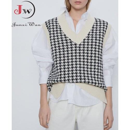 Fashion Houndstooth Women Sweater Vest Autumn Winter Casual Loose V Neck Sleeveless Knitted Tops Waistcoat Pullover Plus Size