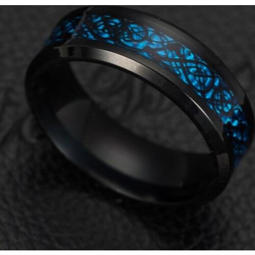 Domineering Man Ring Black And Blue Carbon Fiber Black Dragon Inlay Comfort Fit Stainless steel Rings for Men Wedding Band Ring