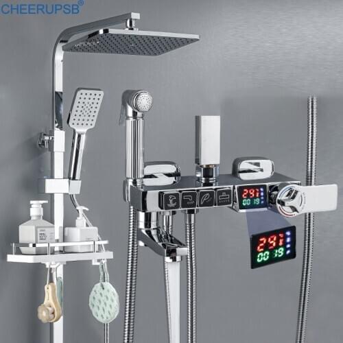 Thermostatic Shower Set Bathroom Smart Digital Shower System Wall Mount SPA Rainfall LED Bath Faucet Square Head Chrome Full Kit
