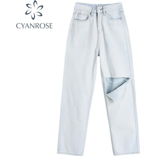 2021 Spring New High Waist Womens Jeans Fashion Loose Destroyed Hole Denim Pants Casual Vintage Female Wide Leg Jeans Trousers