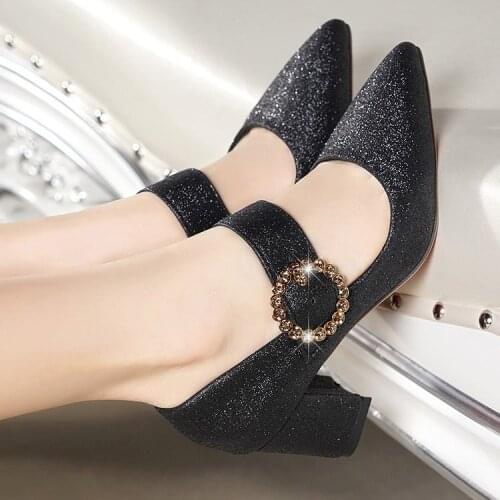 New Womens High-heeled Thick-heeled Pointed Sandals Korean Fashion Single Shoes Womens Metal Buckle Sequined Womens Shoes