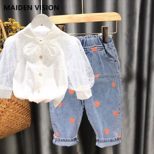 New Arrival Baby girls outfit Girls Fashion clothing set Baby Suit Long sleeve Lace shirt +jeans 2 Pieces Girl Suit Kids Clothes
