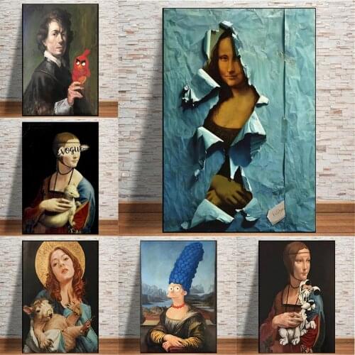 Spoof The Famous Mona Lisa Canvas Painting Covered By Blue Paper Poster Print Wall Art Pictures for Living Room Home Wall Decor