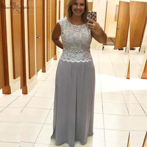 Gray Long Mother Of The Bride Dresses Lace Chiffon Crystal Zipper Back Floor Length Mother Evening Dress Wedding Guest Gowns