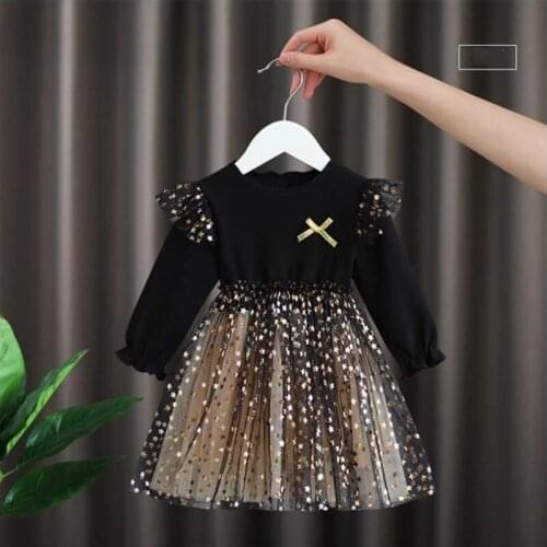 Kids Girls Dress 2021 Summer Autumn New Sweet Star Mesh Patchwork Bow Princess Vestidos 2-6 Years Fashion Childrens Clothing