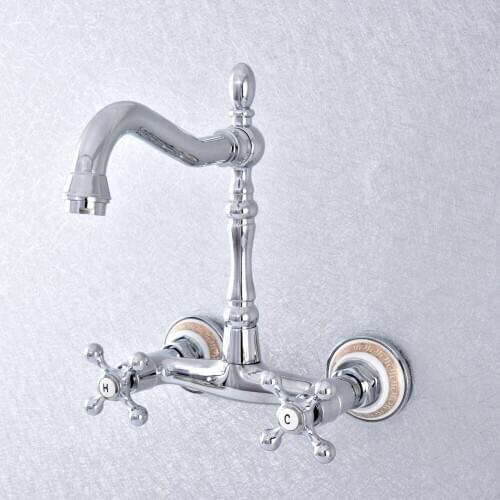 Polished Chrome Bathroom Faucet Wall Mounted Basin Faucet 360 Degree Swivel Spout Double Handle Cold Hot Water Mixer Tap Lsf782