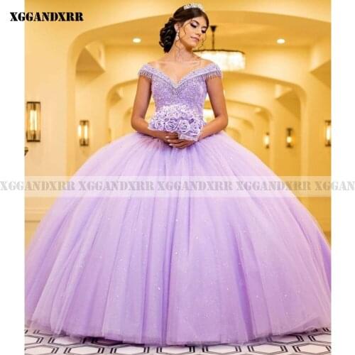 Romantic Ball Gown Quinceanera Dress 2022 Tulle Appliques Tassel Long Skirt Purple Sleeveless Party Dresses Or Plus Size