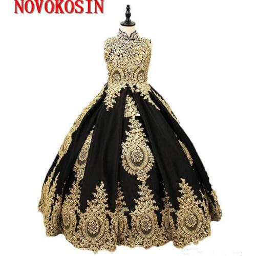 Sexy Black And Gold Lace Flower Girls Dress 2019 High neck With Corset Back Crystal Ball Gown Designer Communion Pageant Dress