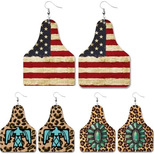 Pu Leather Earring Statement Geometric Thunderbird American Flag Western Cowboy Print Vintage Trendy Unique Retro Drop Earrings