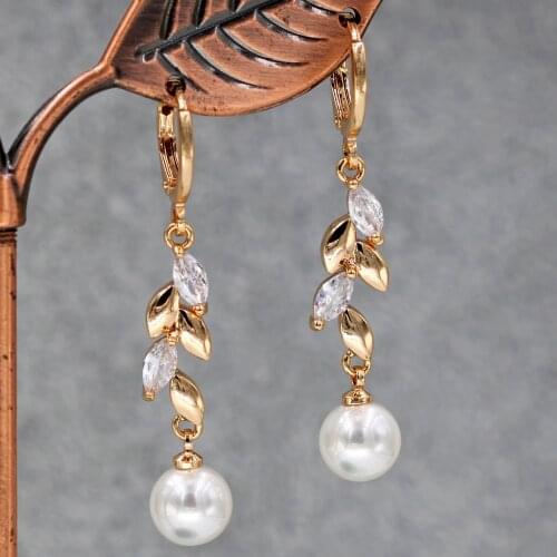 Bohemian Dangle Drop pearl Earrings for Women 's earrings white zircon stone Gold filled leaf Jewelry Party Wedding accessories