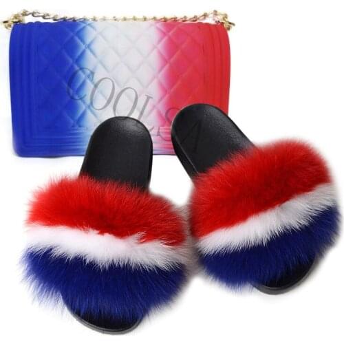 Fox Fur Slides With Jelly Bag Fashion Girl Amazing Purse Sets Summer Indoor Furry Sandals Women Fluffy Fur Flip Flops Wholesale