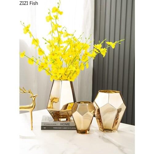 Modern Golden Glass Plating Vase Living Room Office Desktop Luxury Decoration Creativity Flower Arrangement Vase Home Decoration
