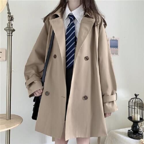 Mid-length trench coat Harajuku preppy Style double-breasted loose polo collar Japanese style coat Korean vintage womens coat