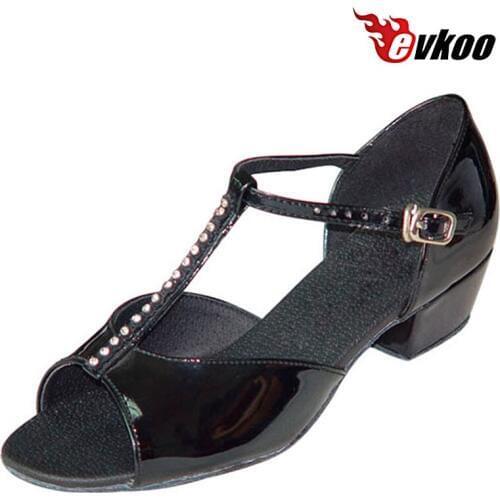 Evkoodance Black Patent Leather And Diamond Size US 4-12 Latin Dance Shoes 3cm Low Heel For Girls 2017 New Style Evkoo-111