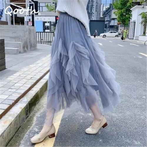 Qooth Super Fairy Mesh Skirt Solid Mid-Length A-line New Spring Summer Skirt All Match Flexible Waist Sweet Cake Skirt QT640