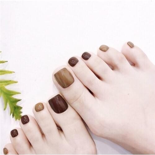 Vintage coffee hit pure color false nails for toe 24pcs french Summer cute toe nails short size lady full nail tips for toe