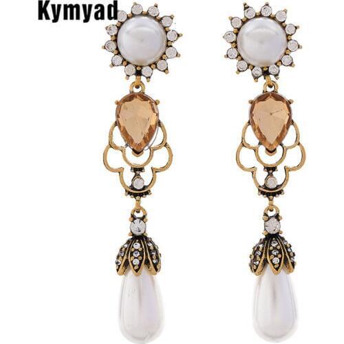 Kymyad Vintage Earrings Water Drop Long Earrings Simulated Pearl Drop Earings Fashion Jewelry Metal Crystal Statement Earring